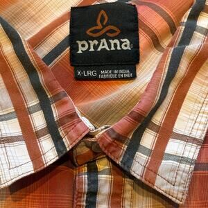 prAna Men's XL Short Sleeve Plaid‎ Button Down Shirt Orange/Multi - Cotton Blend